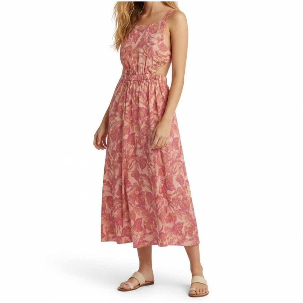 NEW Olivaceous Tropical Hawaiian Tank Dress Open Back Medium Pink Midi Long
